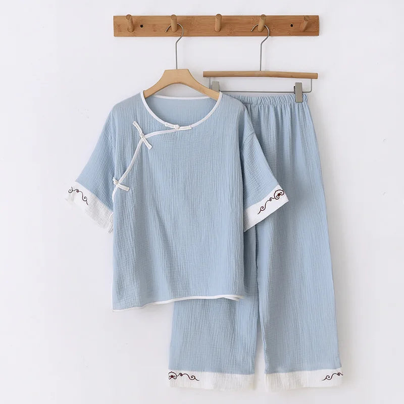 New spring and summer 100% cotton Chinese style women's pajamas two-piece set three-quarter sleeve tops home service suits