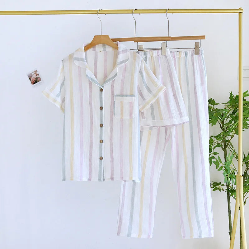 2025 New Women's Spring/Summer Pajama Set 100% Cotton Short Sleeves+Shorts+Long Pants Three Piece Thin Sweet Home Furnishings