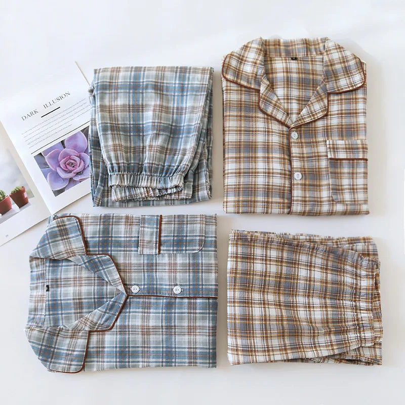 2025 Japanese New Men's Pajama Set Spring/Summer Checkered Simple Long sleeved Two Piece Set 100%Cotton Cardigan Home Furnishing