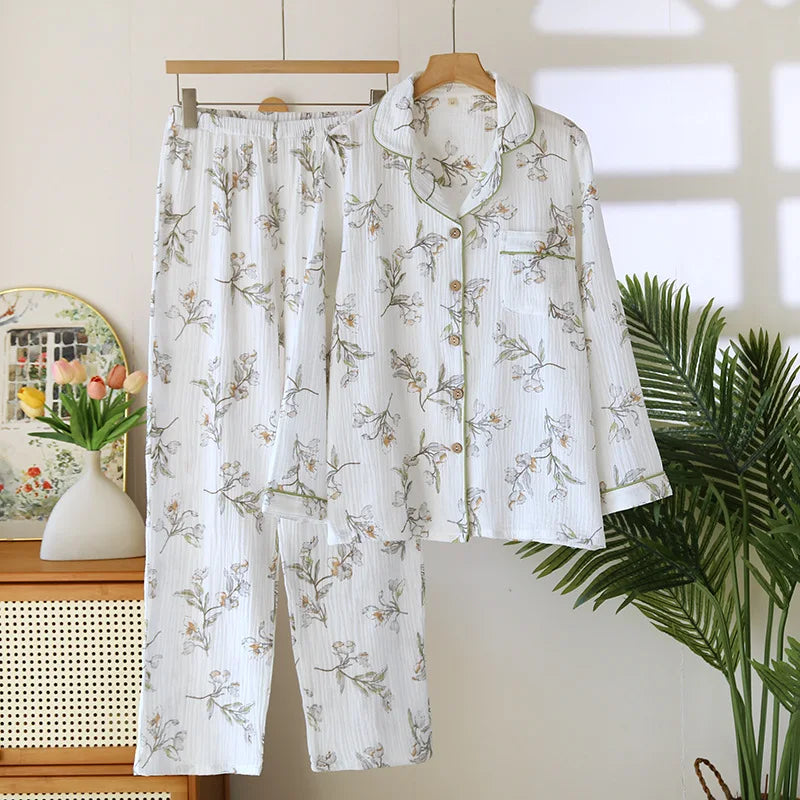2025 New Spring/Summer Women's Pajama Set 100% Cotton Crepe Cute Love Long Sleeve Long Pants Two Piece Set Cardigan Home Clothes