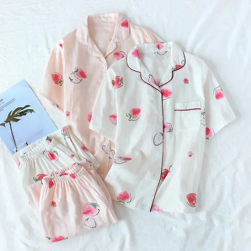 2025 Japanese style simple short women female 100% cotton gauze short sleeve trousers ladies pajamas suit cute pajamas sets home