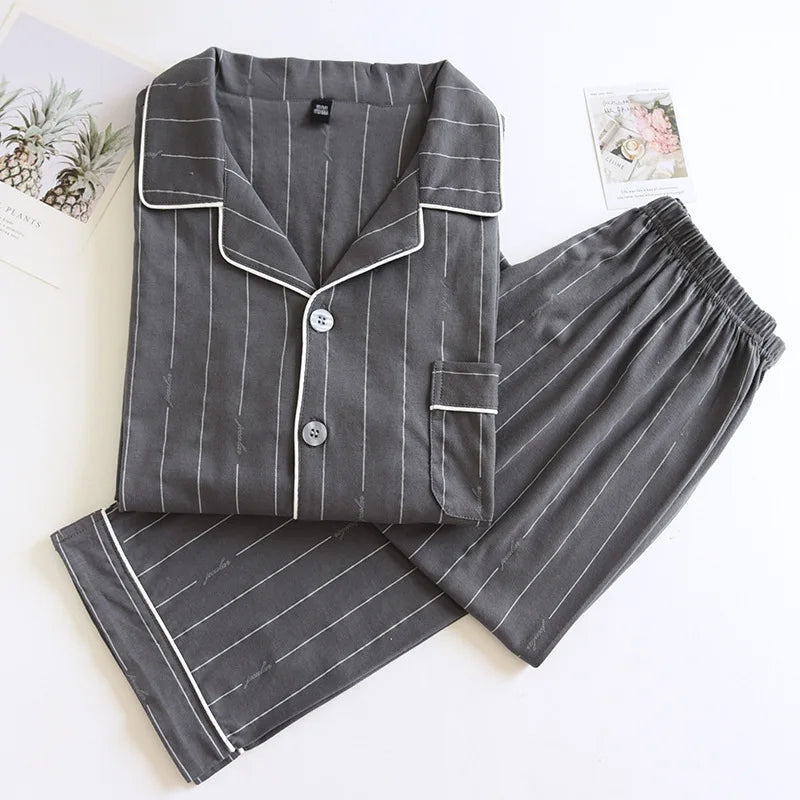 Spring and autumn new men's pajamas long-sleeved trousers suit 100% cotton knitted striped plus size home clothes two-piece set