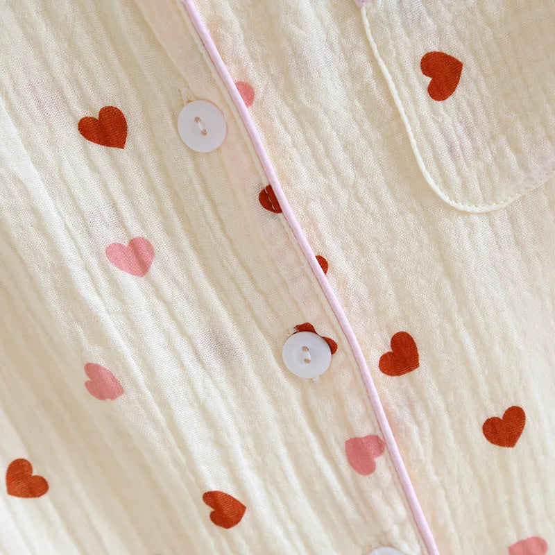 2025 New Summer Pajama Set 100% Cotton Crepe Love Short Sleeves+Shorts+Pants Three Piece Buckle Cute Home Fury Ladies Sleepwear