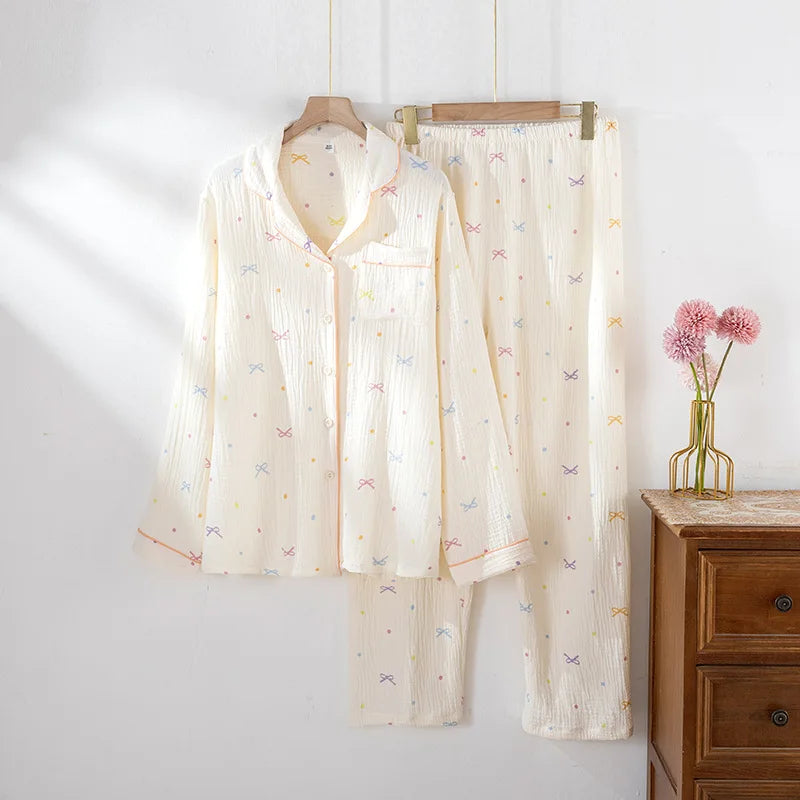 New large size pajamas women cotton crepe home service cotton long sleeve trousers suit simple and comfortable summer and autumn