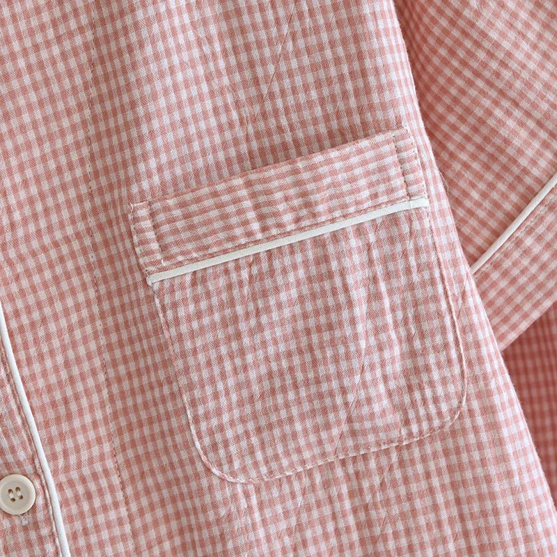2025 Spring/Summer Couple Pajama Set 100% Cotton Gauze Short Sleeves+Capris Two Piece Men's and Women's Checkered Home Fur