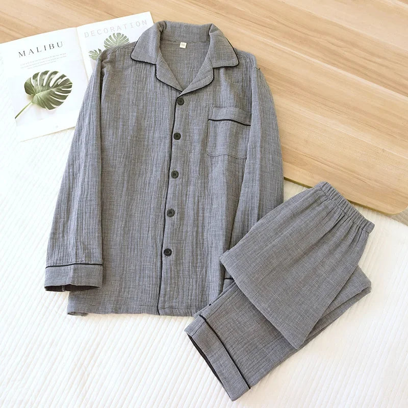 2025 New Spring Couple's Pajama Set 100% Cotton Four Layer Gauze Men's and Women's Long Sleeve Long Pants Two Piece Home Clothes