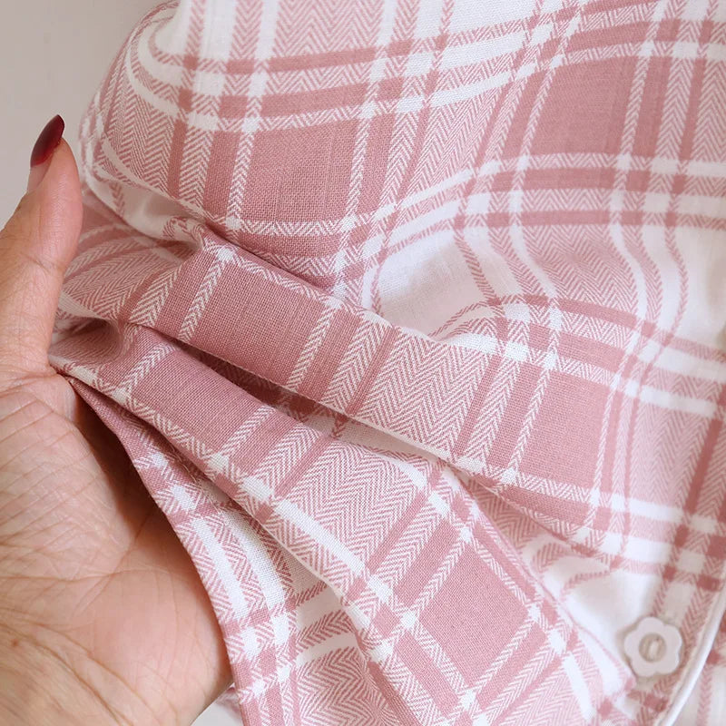 2025 New Summer Women's Pajama Set 100% Cotton Gauze Thin Short Sleeve+Shorts+Pants Simple Checkered Home Furnishing Set