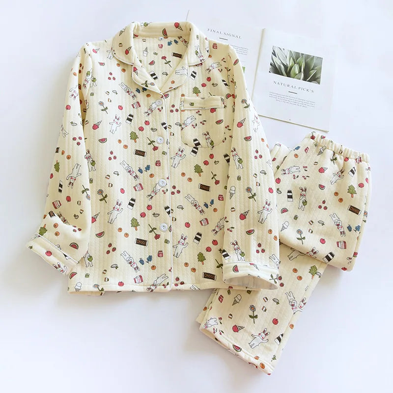 Japanese ladies pajamas set 2025 new autumn and winter air cotton layer thickening long-sleeved cute home clothes pure cotton