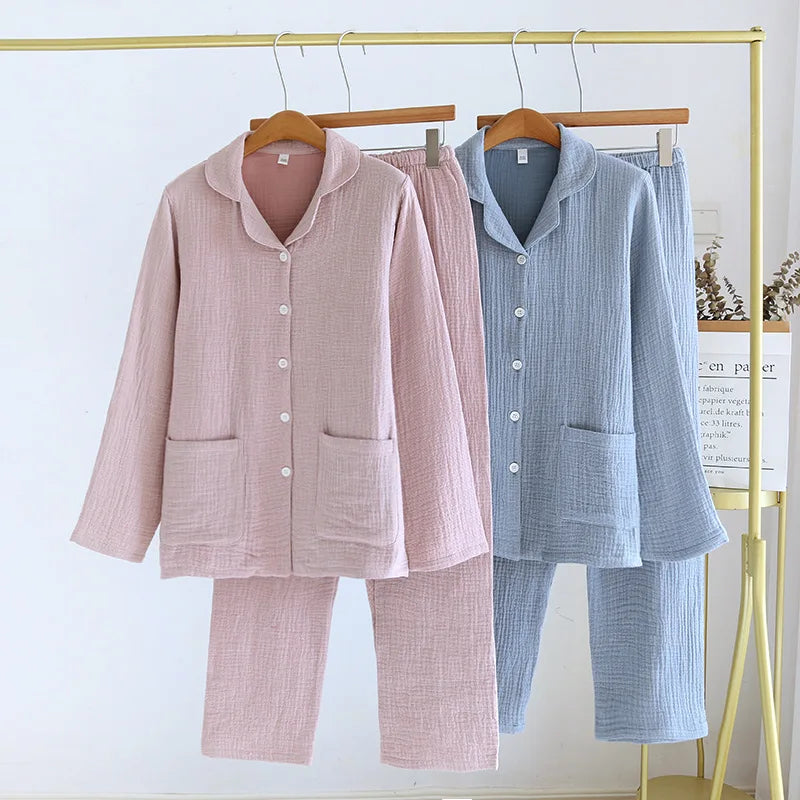 2025 New Couple's Pajama Set 100% Cotton Men's and Women's Collar Long Sleeve Long Pants Solid Color Two Piece Home Set Pijamas