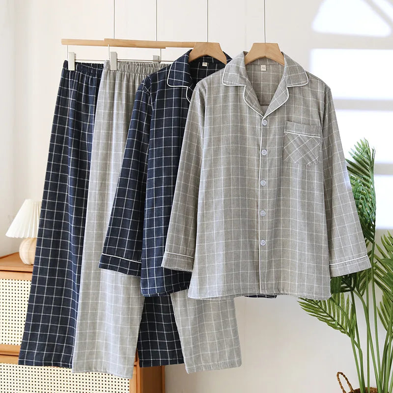 2025 New Spring and Autumn Men's Pajama Set 100% Cotton Long Sleeve Long Pants Two Piece Set Loose Large Home Clothes