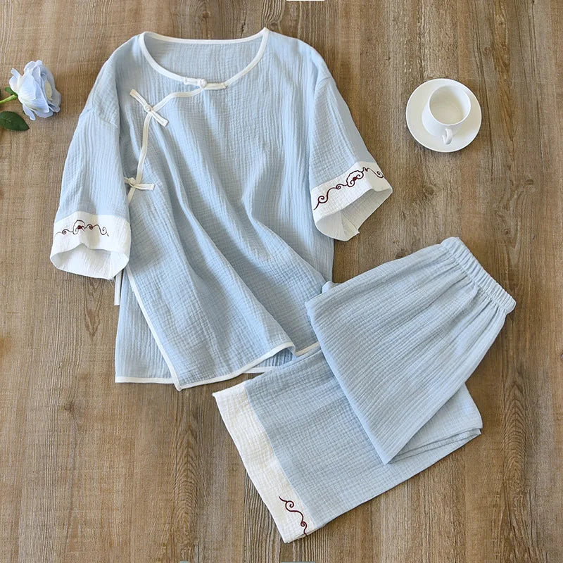 New spring and summer 100% cotton Chinese style women's pajamas two-piece set three-quarter sleeve tops home service suits