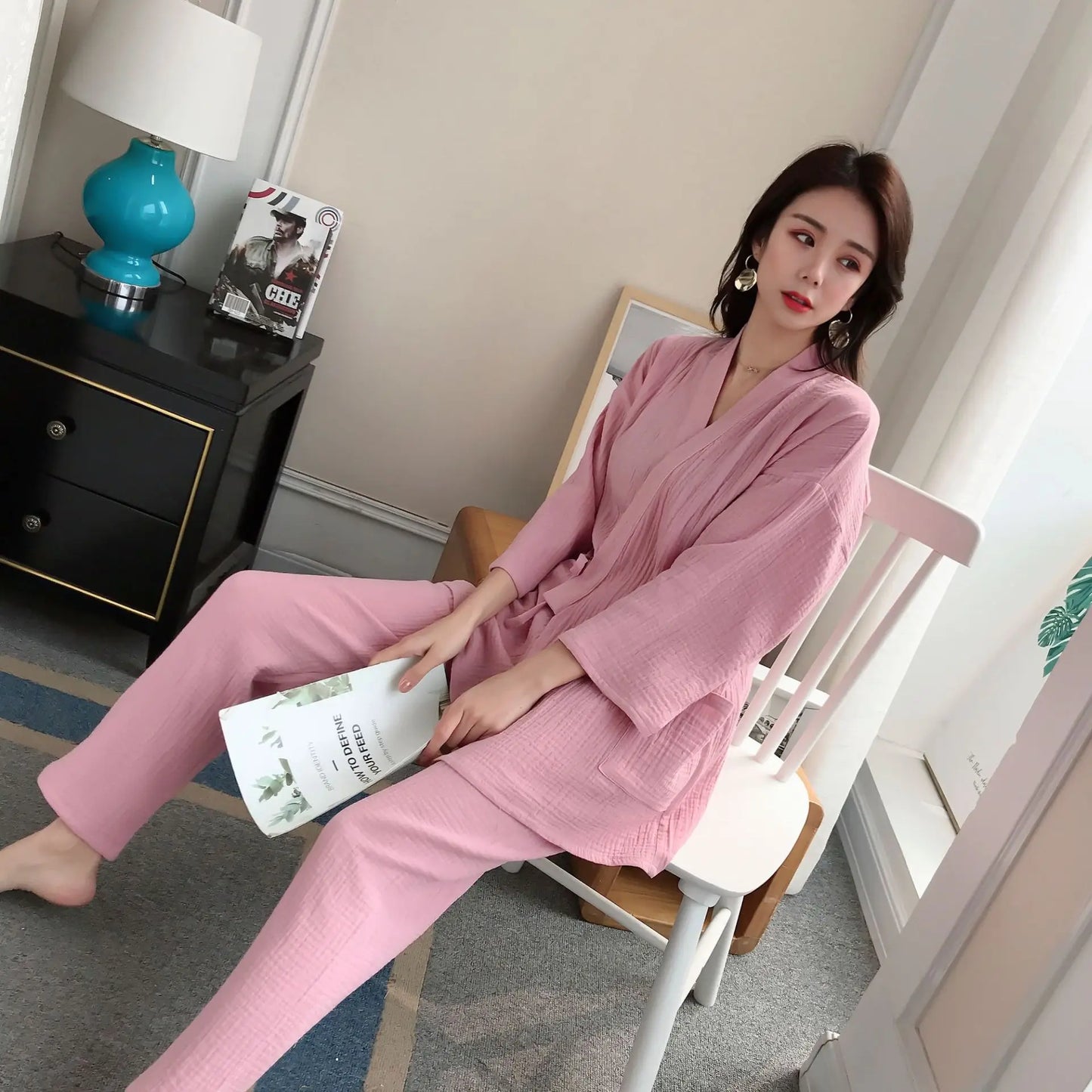 Japanese kimono suit lovers 100% cotton crepe pajamas long sleeved trousers two-piece kimono suit for men and women sleepwear