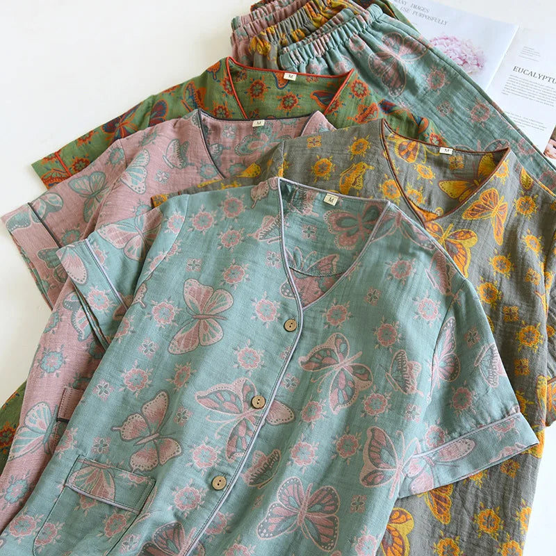 2025 Spring/Summer New Women's Pajama Set 100% Cotton Jacquard Short Sleeves+Capris Two Piece V-Neck Thin Homewear Ladies