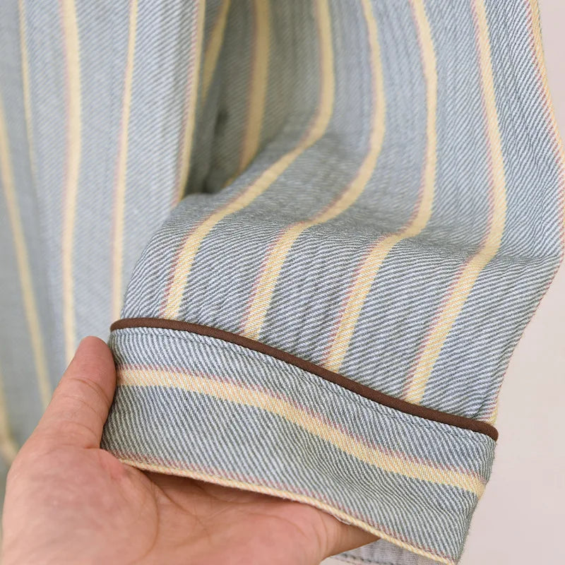 New men's sleepwear two-piece set for spring 2025 100% cotton crepe fabric vertical stripe long sleeved long pants home suit set