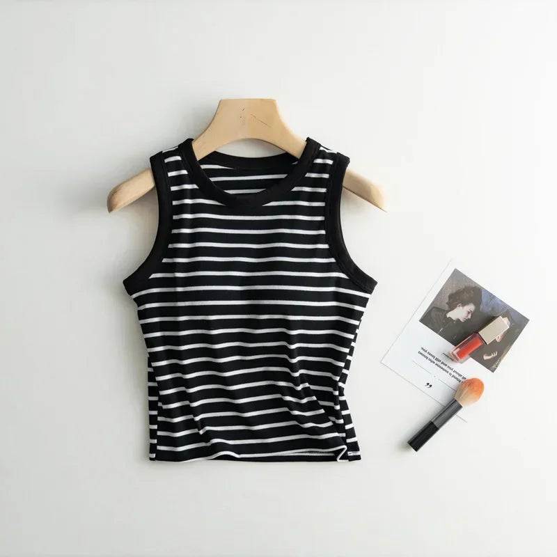 2025 Summer New Women's Tank Top Pajamas All Cotton with Chest Pads Tank Top with Stripe Sports Bottom Short Home Fur Ladies