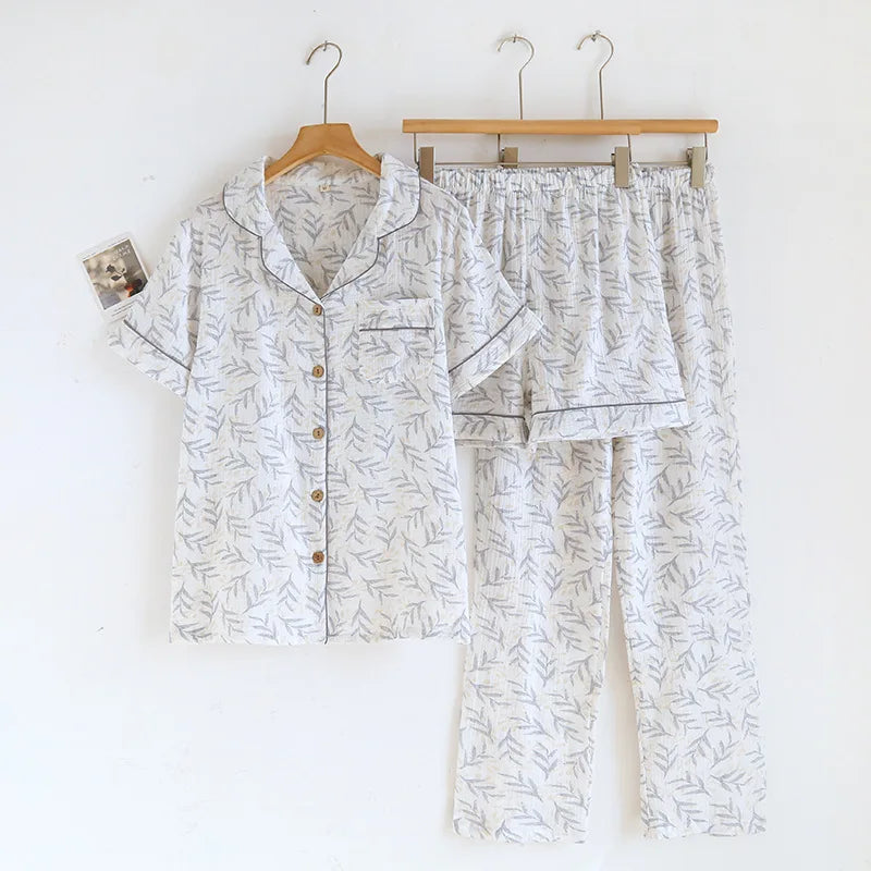 2025 New Spring/Summer Women's Pajama Set 100% Cotton Crepe Short Sleeve+Shorts+Pants 3-Piece Thin cardigan Home Clothes Ladies