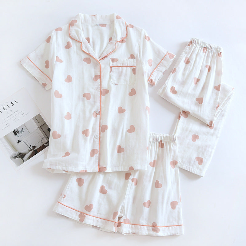 New spring and summer women's pajamas three-piece set short sleeves + shorts + trousers 100%cotton gauze love print homewear set