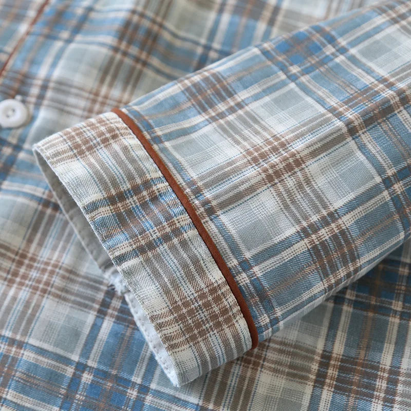 2025 Japanese New Men's Pajama Set Spring/Summer Checkered Simple Long sleeved Two Piece Set 100%Cotton Cardigan Home Furnishing