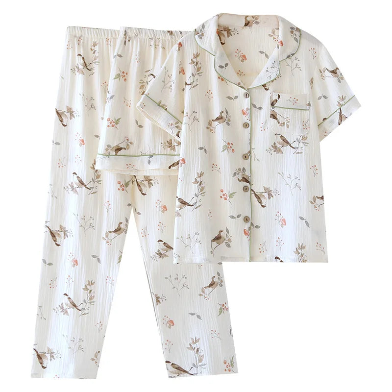 2025 New Spring/Summer Women's Pajama Set 100% Cotton Crepe Cute Thin Short Sleeve+Shorts+Pants Home Clothes 3-Piece Set