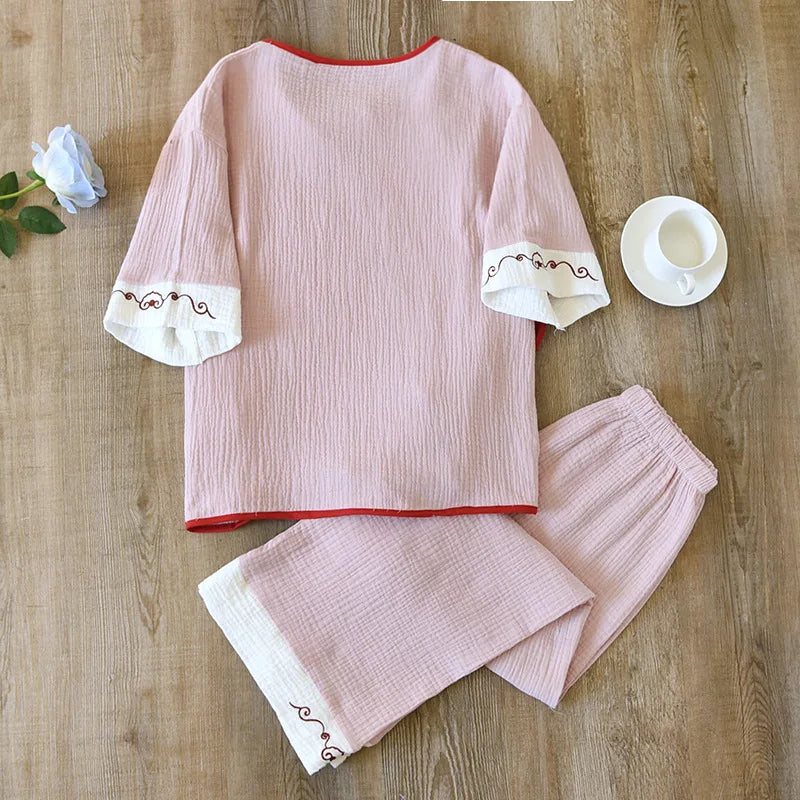 New spring and summer 100% cotton Chinese style women's pajamas two-piece set three-quarter sleeve tops home service suits
