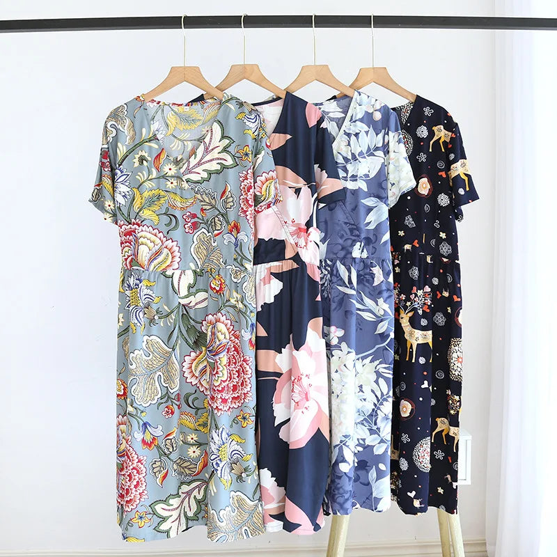Summer New Ladies V-neck Nightdress 100% Viscose Short Sleeve Home Dress Floral Comfort Large Size Dress Thin Section women