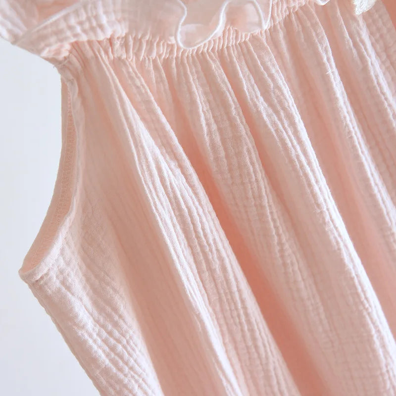 2025 summer new women's suspender nightdress 100% cotton crepe thin style solid color floral vest skirt home skirt sleepwear