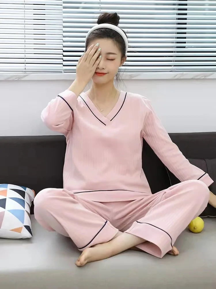 New Spring and Autumn Women's Pajamas Set V-Neck Cotton Thread Knitted Long Sleeve Pants Solid casual two-piece home clothes