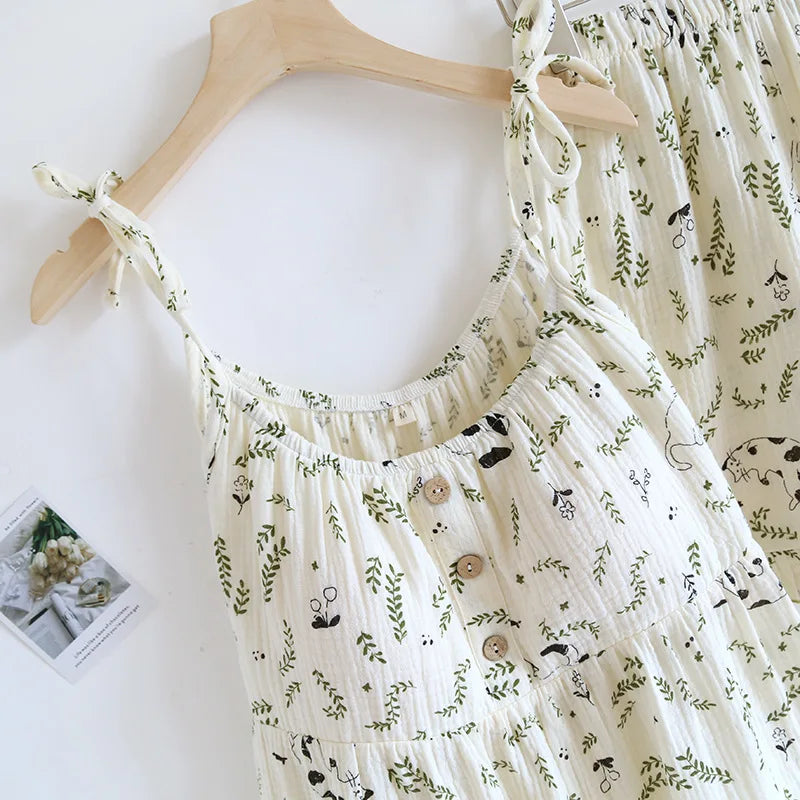 2025 New Summer Women's Pajamas Two Piece Set 100% Cotton Crepe Cloth with Chest Cushion Suspender+Shorts Set Cute Home Fury