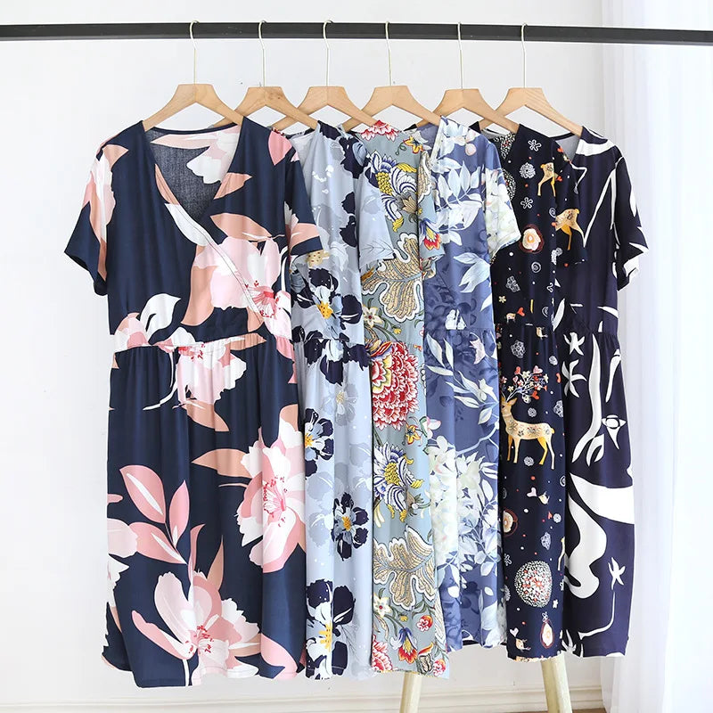 Summer New Ladies V-neck Nightdress 100% Viscose Short Sleeve Home Dress Floral Comfort Large Size Dress Thin Section women