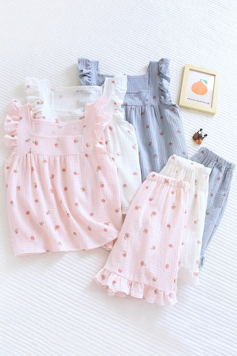 Pure desire for ins in summer, flounce shorts, cotton suspenders, pajamas, women's summer home clothes, two-piece suit, summer