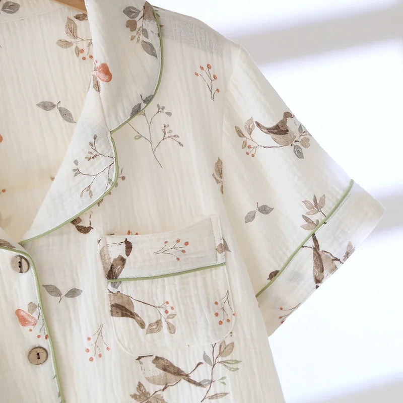 2025 New Spring/Summer Women's Pajama Set 100% Cotton Crepe Cute Thin Short Sleeve+Shorts+Pants Home Clothes 3-Piece Set