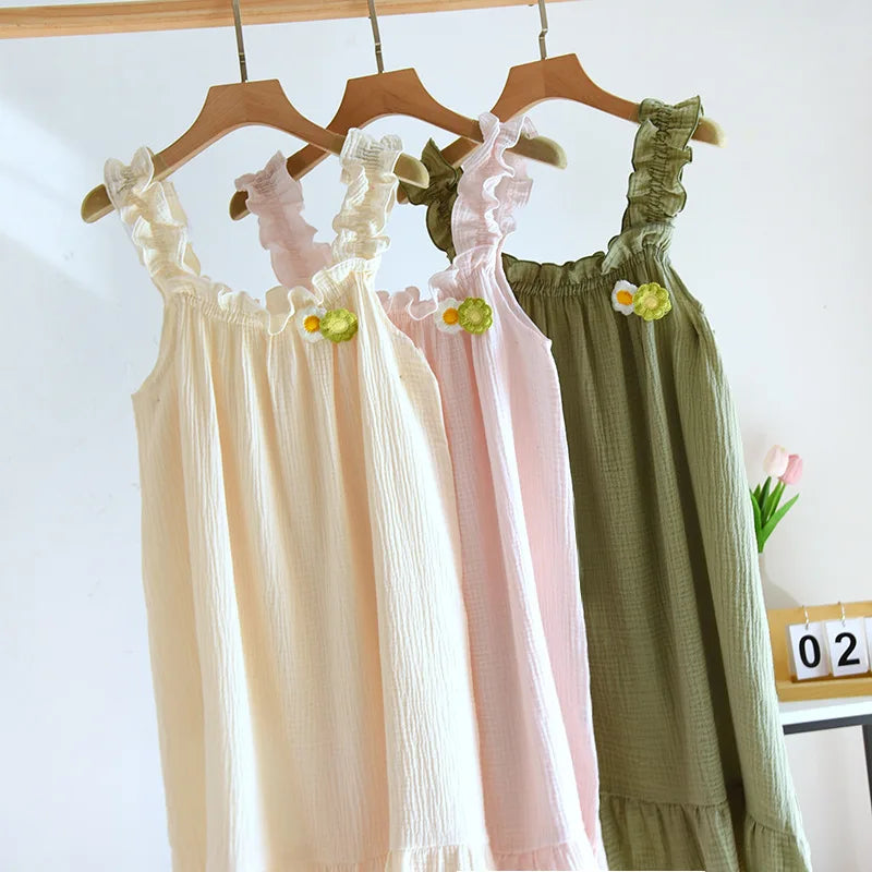 2025 summer new women's suspender nightdress 100% cotton crepe thin style solid color floral vest skirt home skirt sleepwear