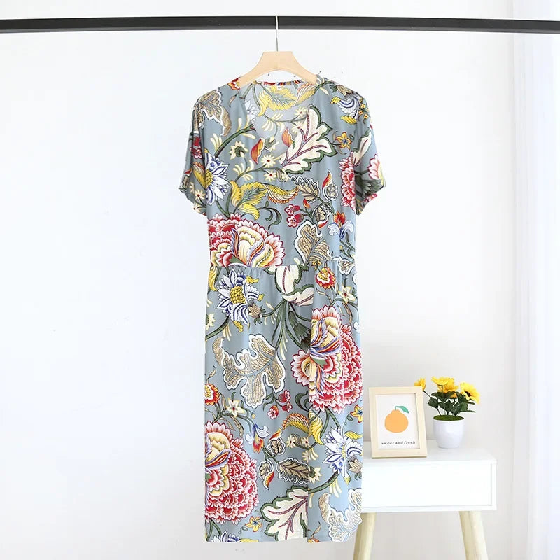 Summer New Ladies V-neck Nightdress 100% Viscose Short Sleeve Home Dress Floral Comfort Large Size Dress Thin Section women