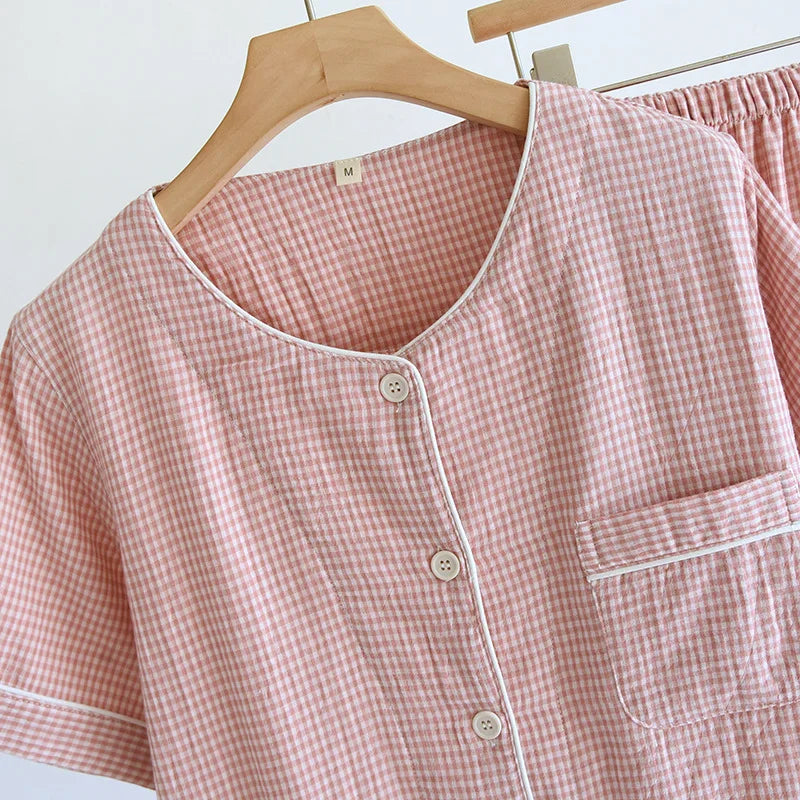 2025 Spring/Summer Couple Pajama Set 100% Cotton Gauze Short Sleeves+Capris Two Piece Men's and Women's Checkered Home Fur