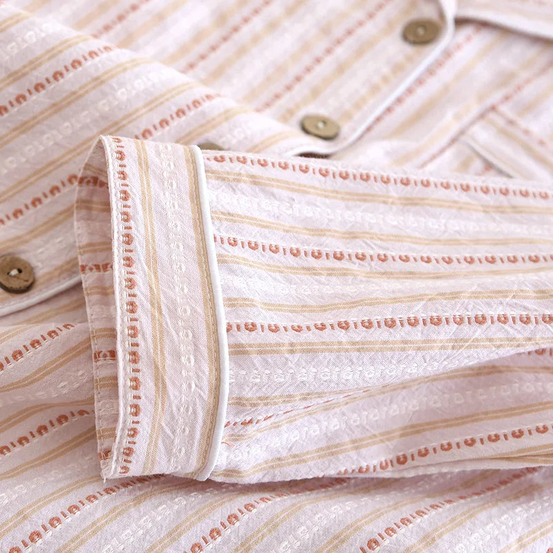 2025 New Spring/Summer Couple Set 100% Cotton Striped Long Sleeve Two Piece Set Men's and Women's Cardigan Home Clothes