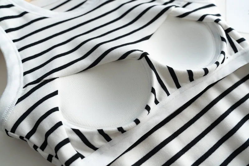 2025 Summer New Women's Tank Top Pajamas All Cotton with Chest Pads Tank Top with Stripe Sports Bottom Short Home Fur Ladies