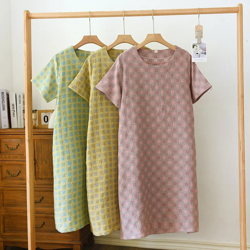 2025 New Summer Short Sleeve Sleeping Skirt 100% Cotton Yarn Weaving Jacquard Loose Pullover Mid length Plaid Skirt Home Dress