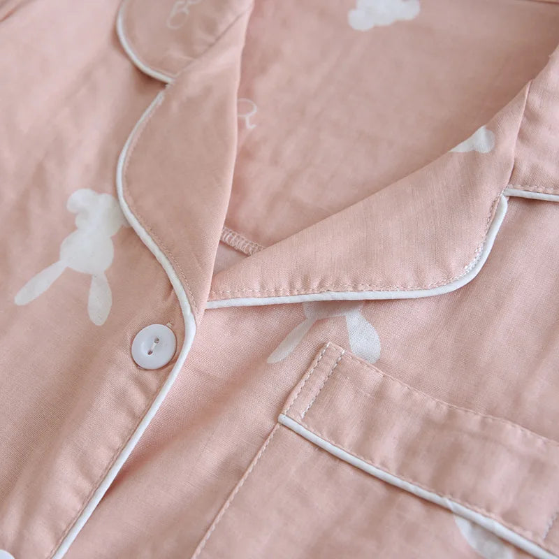 Summer new couple pajamas three-piece set short-sleeved + shorts + trousers 100% cotton gauze men's and women's home clothes
