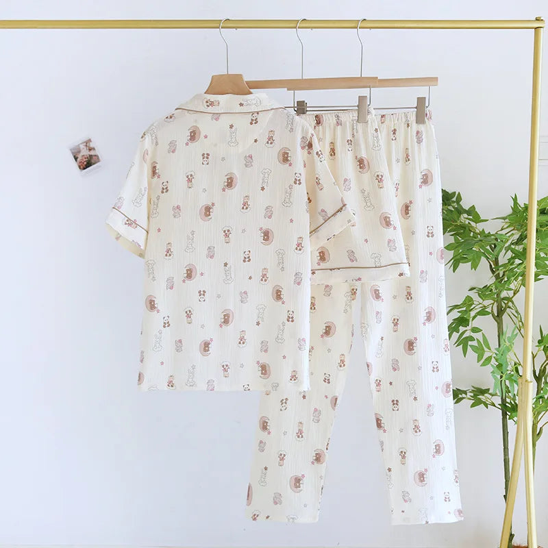 2025 New Women's Spring/Summer Pajama Set 100% Cotton Short Sleeves+Shorts+Long Pants Three Piece Thin Sweet Home Furnishings