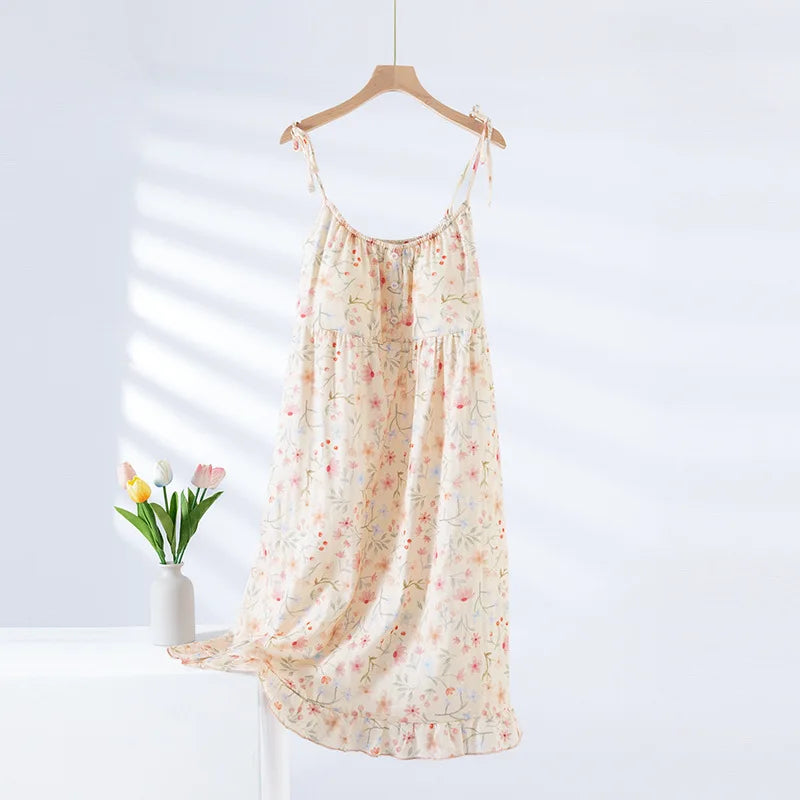 2025 New Summer Women's Sleeping Skirt 100% Cotton Bra Free Strap Skirt Thin Large Floral Dress Summer Dress Sleepwear Women