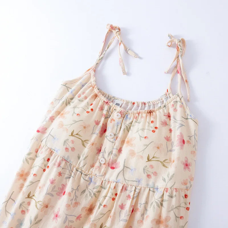 2025 New Summer Women's Sleeping Skirt 100% Cotton Bra Free Strap Skirt Thin Large Floral Dress Summer Dress Sleepwear Women