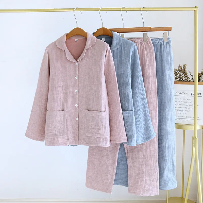 2025 New Couple's Pajama Set 100% Cotton Men's and Women's Collar Long Sleeve Long Pants Solid Color Two Piece Home Set Pijamas