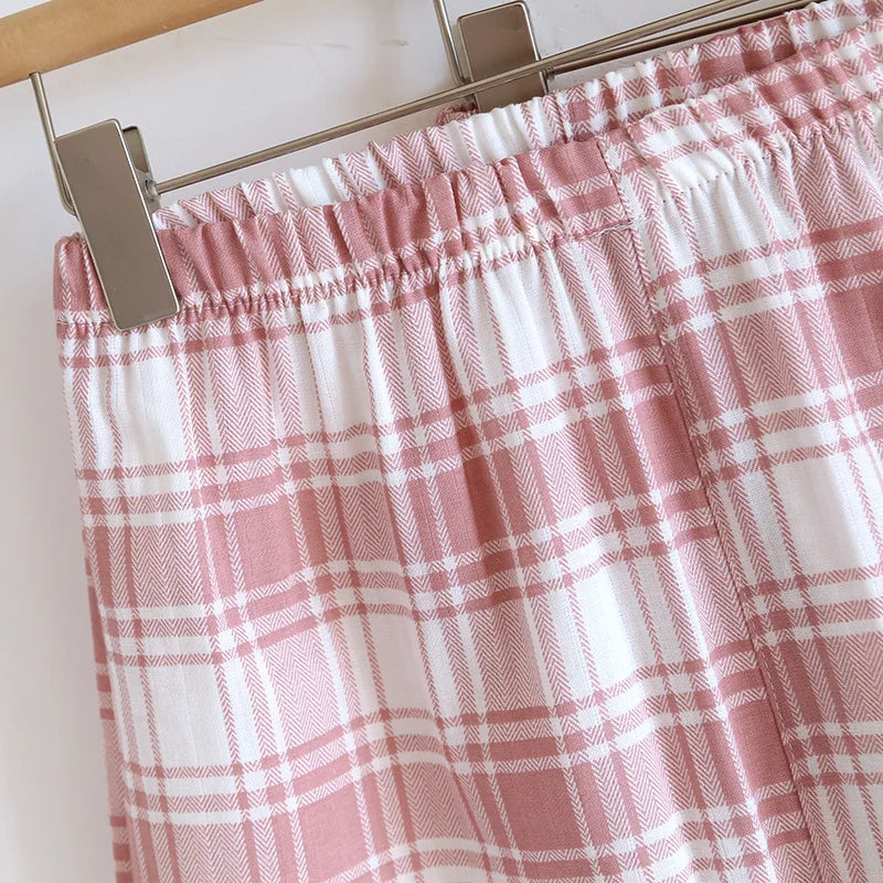 2025 New Summer Women's Pajama Set 100% Cotton Gauze Thin Short Sleeve+Shorts+Pants Simple Checkered Home Furnishing Set