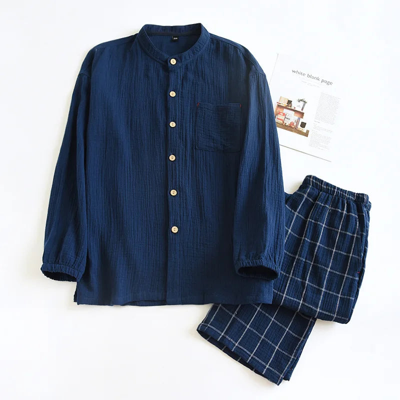 2025 Japanese style new couple sleepwear set 100% cotton crepe fabric long sleeved long pants two-piece home wear pajama