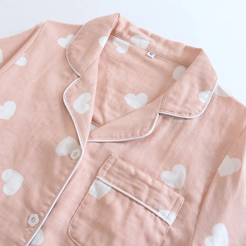 New spring and summer women's pajamas three-piece set short sleeves + shorts + trousers 100%cotton gauze love print homewear set