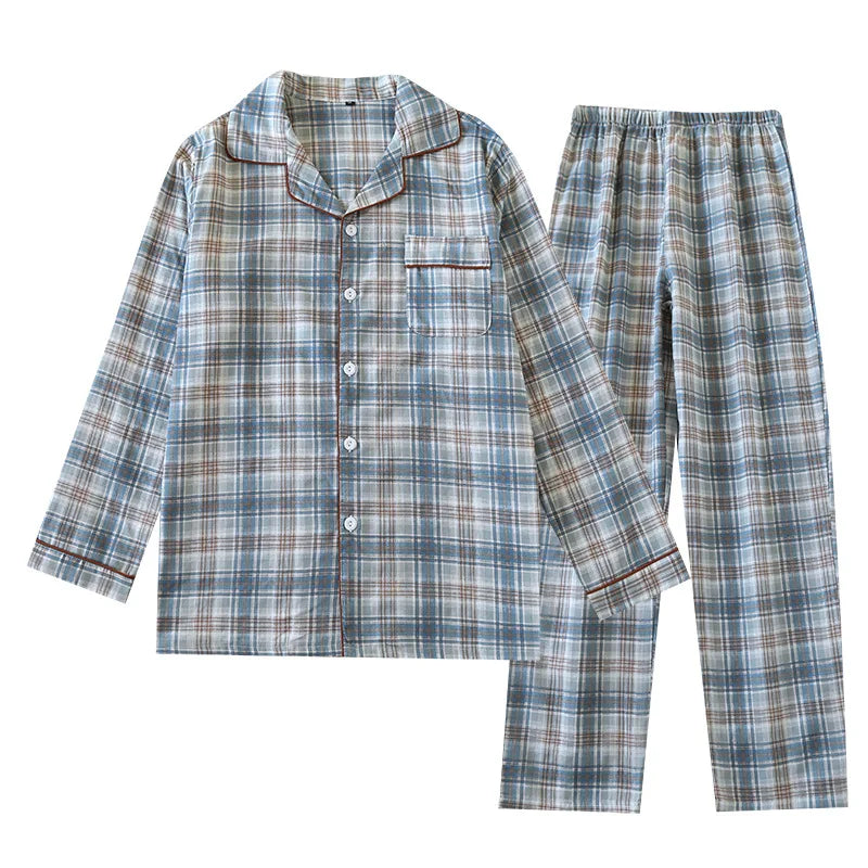 2025 Japanese New Men's Pajama Set Spring/Summer Checkered Simple Long sleeved Two Piece Set 100%Cotton Cardigan Home Furnishing