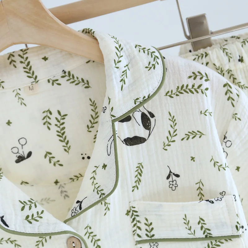 2025 Spring/Summer New Women's Pajamas Three Piece Set 100% Pure Cotton Crepe Thin Short Sleeves+Shorts+Long Pants Home Fury