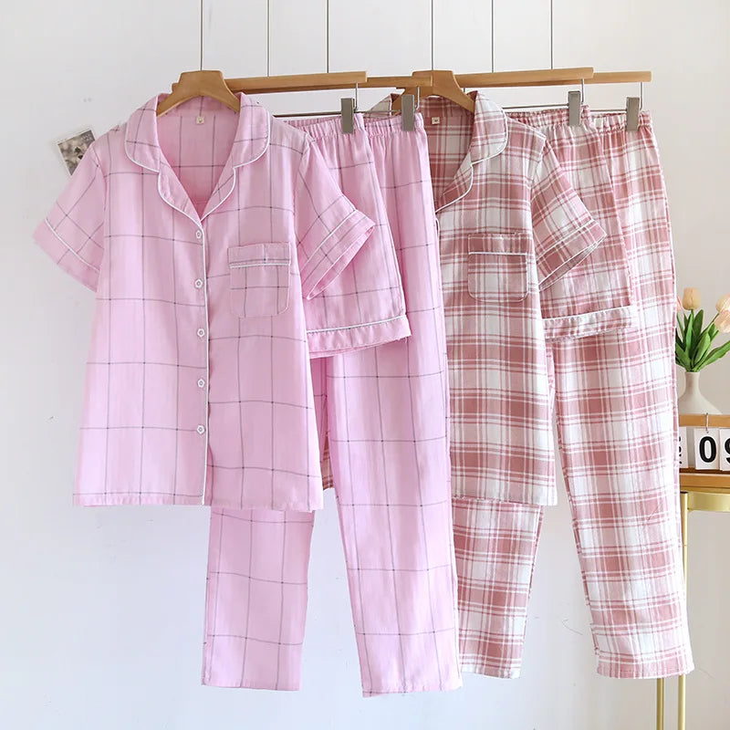 2025 New Summer Women's Pajama Set 100% Cotton Gauze Thin Short Sleeve+Shorts+Pants Simple Checkered Home Furnishing Set