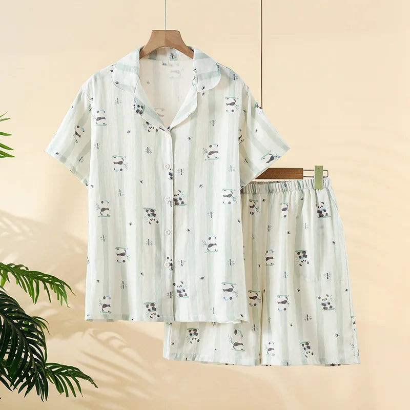 2025 Summer New Women's Pajama Set 100% Cotton Gauze Short Sleeve Shorts Two Piece Set Thin cardigan Home Clothes sleepwear