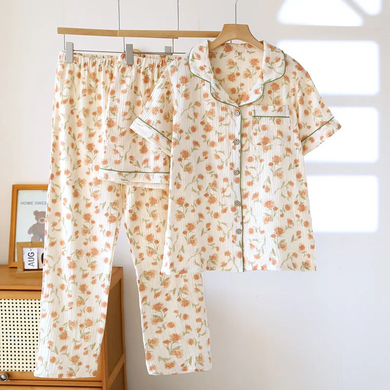2025 New Spring/Summer Women's Pajama Set 100% Cotton Crepe Cute Thin Short Sleeve+Shorts+Pants Home Clothes 3-Piece Set